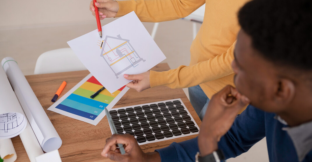 Zwei Personen planen Solaranlage mit Hauszeichnung und Solarpanel auf Tisch