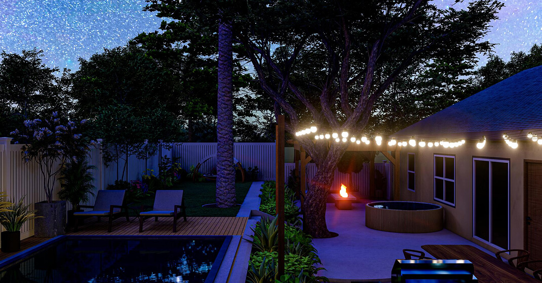 3D-gerenderte Gartenanlage mit LED-Lichterketten, Pool und Feuerschale bei Nacht