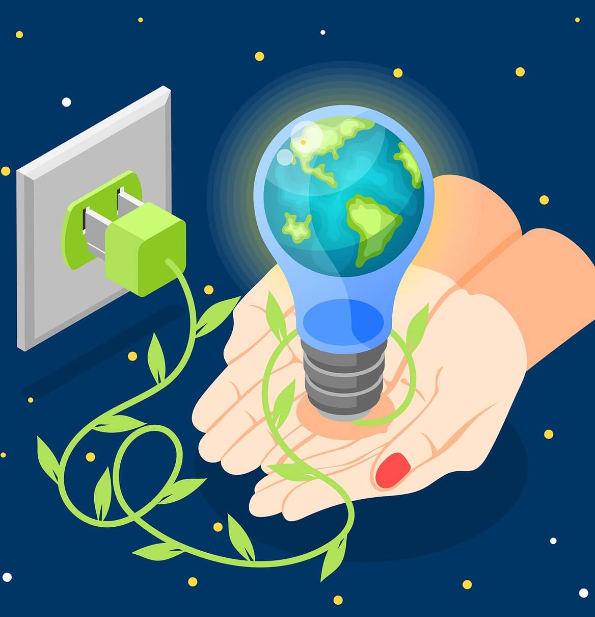 Illustration: Hand hält leuchtende Glühbirne mit Erdkugel und grüner Steckdose