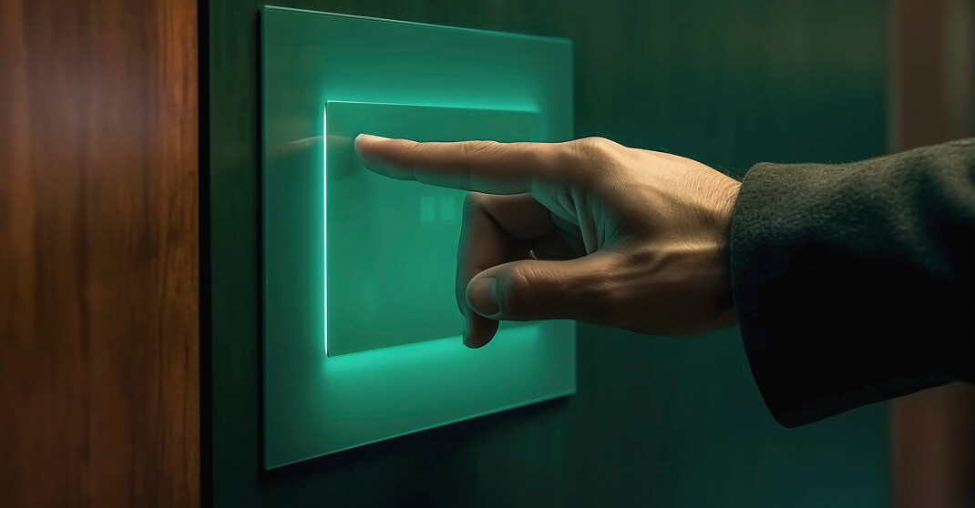 Hand berührt beleuchteten Smart-Home-Schalter an Holzwand