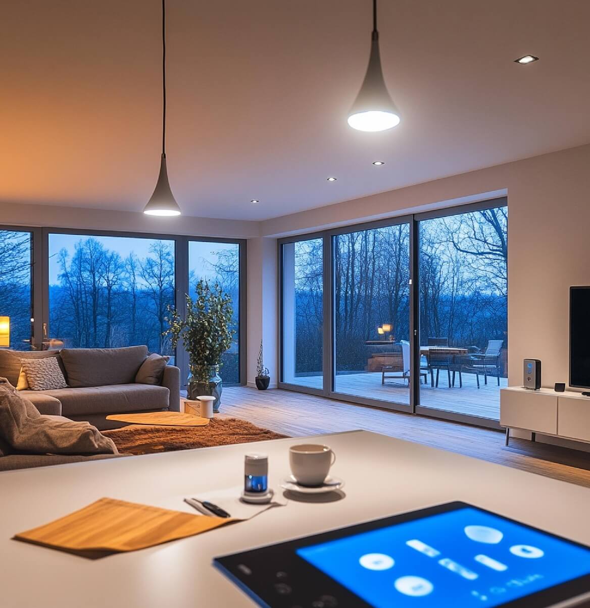 Modernes Wohnzimmer mit LED-Beleuchtung und Smart-Home-Tablet in der Küche