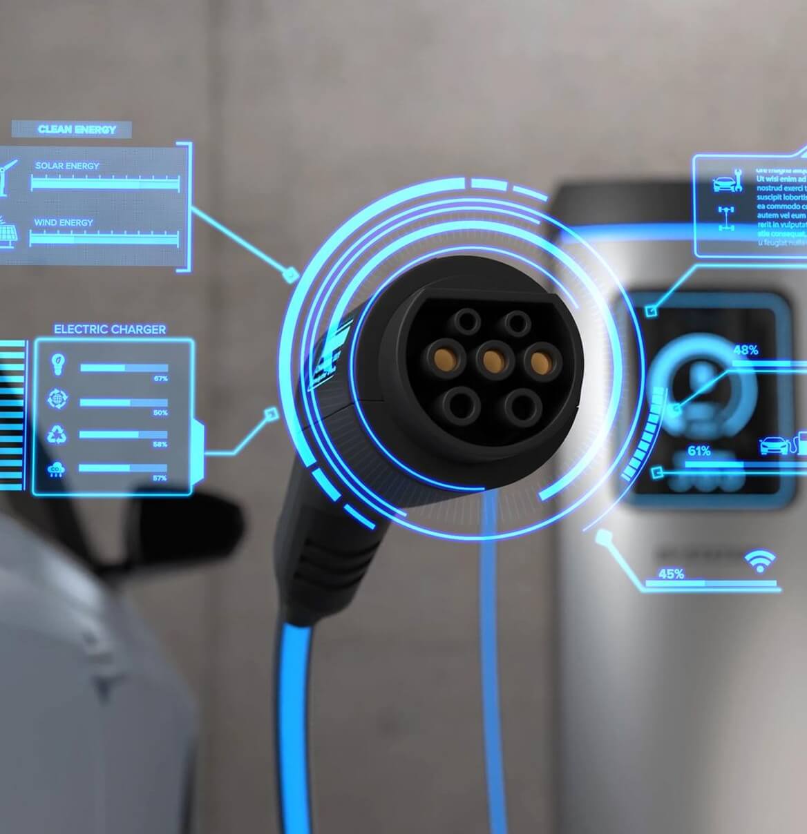 Nahaufnahme eines EV-Ladesteckers mit digitalen Datenanzeigen zum Ladevorgang
