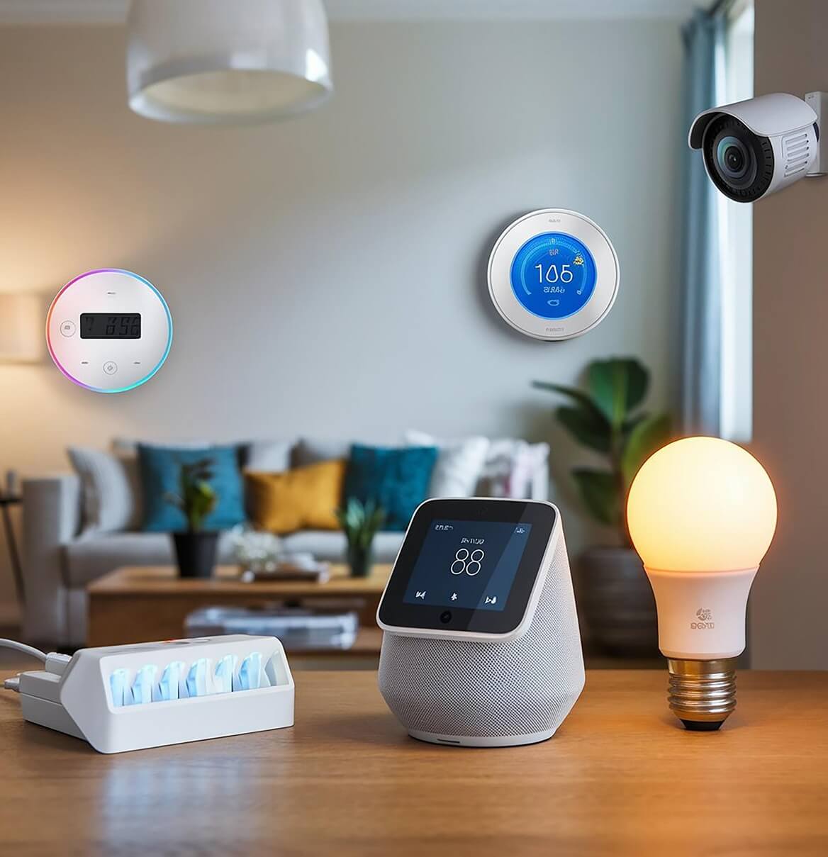 Smart-Home-Geräte im Wohnzimmer: Smarte Lampe, Lautsprecher, Kamera und Thermostat