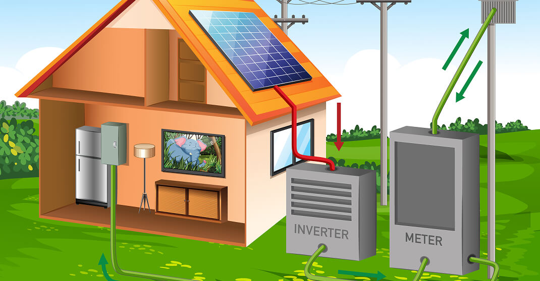 Illustration zeigt Solaranlage auf Hausdach mit Wechselrichter und Stromzähler