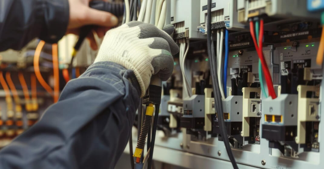 Elektrikerhände mit Werkzeug und Messgerät bei Elektroinstallation im Neubau