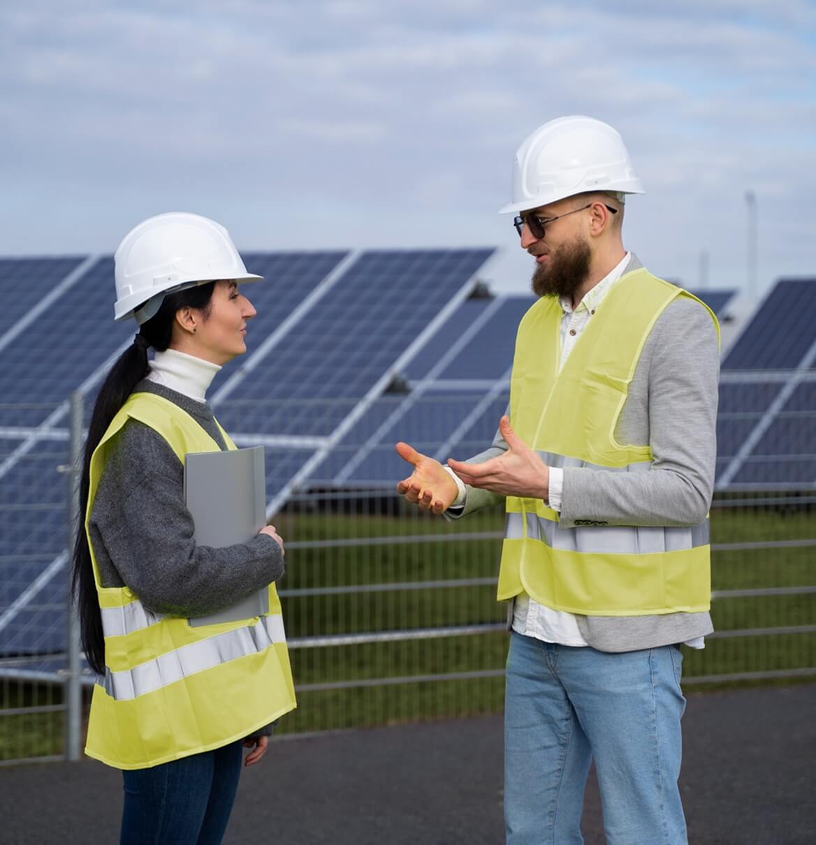 Zwei Ingenieure mit Warnwesten und Schutzhelmen beraten sich vor Solarpark