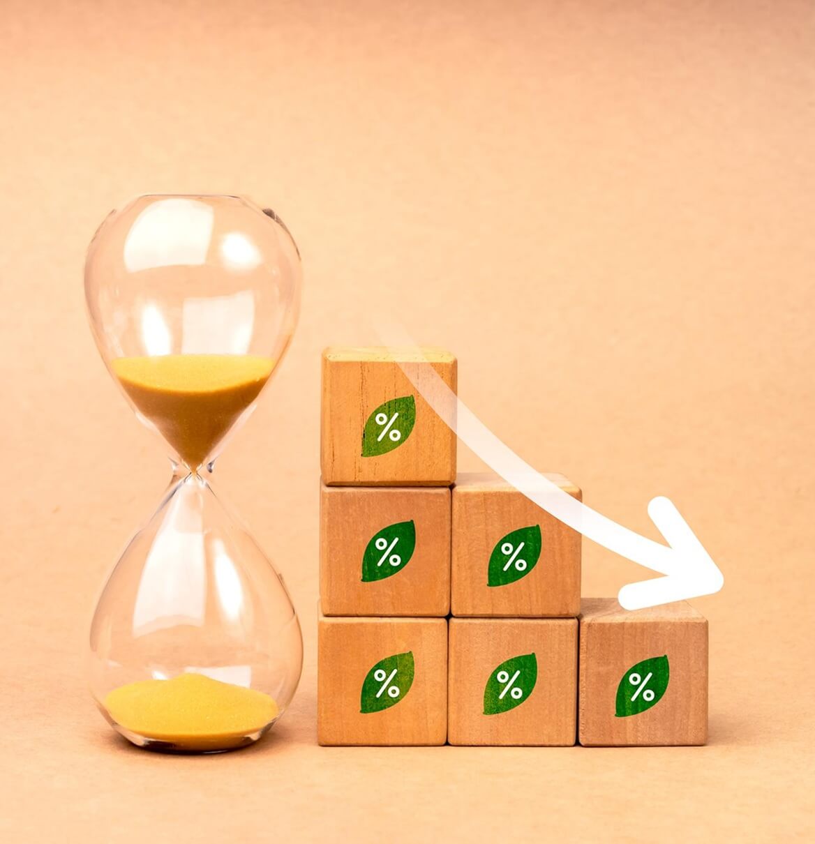 Sanduhr mit Holzklötzen und grünen Prozent-Symbolen als Amortisationsgrafik