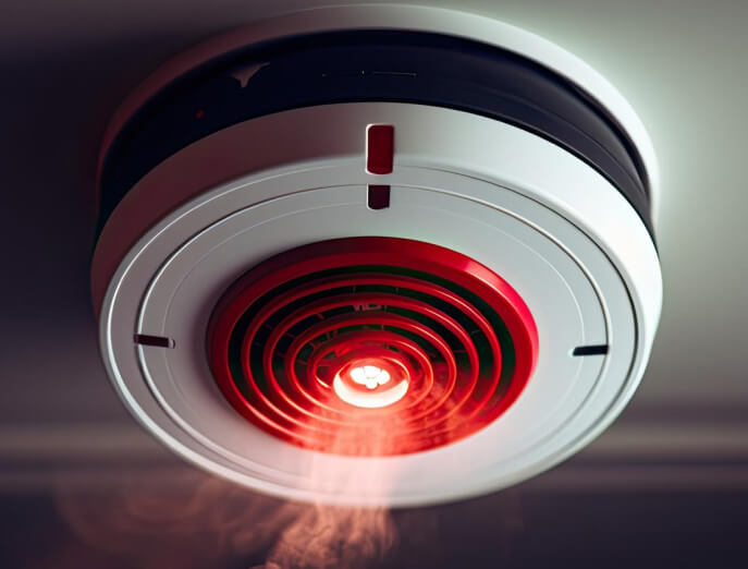 Smart-Home-Hub mit Uhr und Hausmenü auf Wohnzimmertisch im Abendlicht